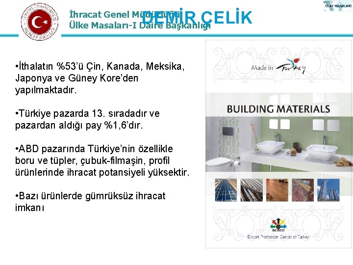 DEMİR ÇELİK İhracat Genel Müdürlüğü Ülke Masaları-I Daire Başkanlığı • İthalatın %53’ü Çin, Kanada,