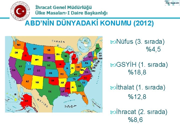 İhracat Genel Müdürlüğü Ülke Masaları-I Daire Başkanlığı ABD’NİN DÜNYADAKİ KONUMU (2012) Nüfus (3. sırada)