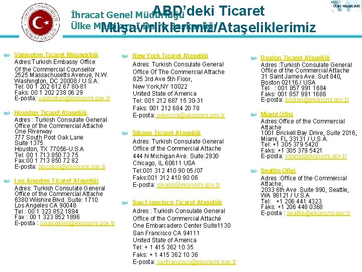 ABD’deki Ticaret İhracat Genel Müdürlüğü Ülke Masaları-I Daire Başkanlığı Müşavirliklerimiz/Ataşeliklerimiz Vaşington Ticaret Müşavirliği Adres: