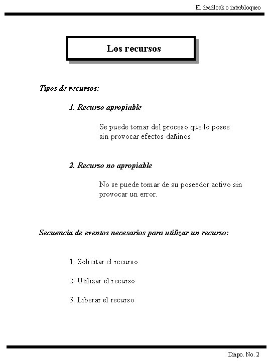 El deadlock o interbloqueo Los recursos Tipos de recursos: 1. Recurso apropiable Se puede