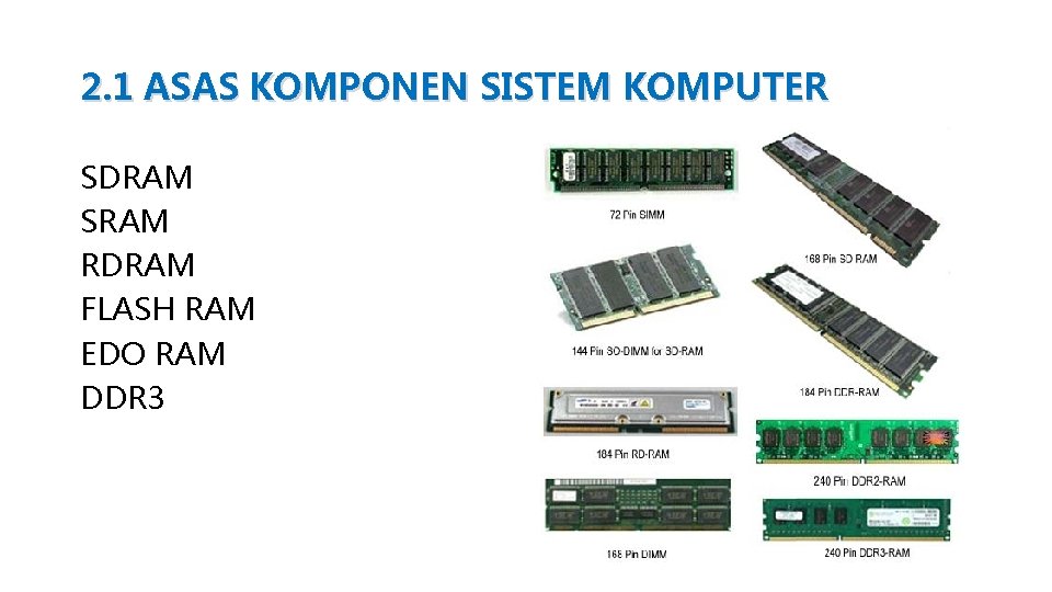 2. 1 ASAS KOMPONEN SISTEM KOMPUTER SDRAM SRAM RDRAM FLASH RAM EDO RAM DDR