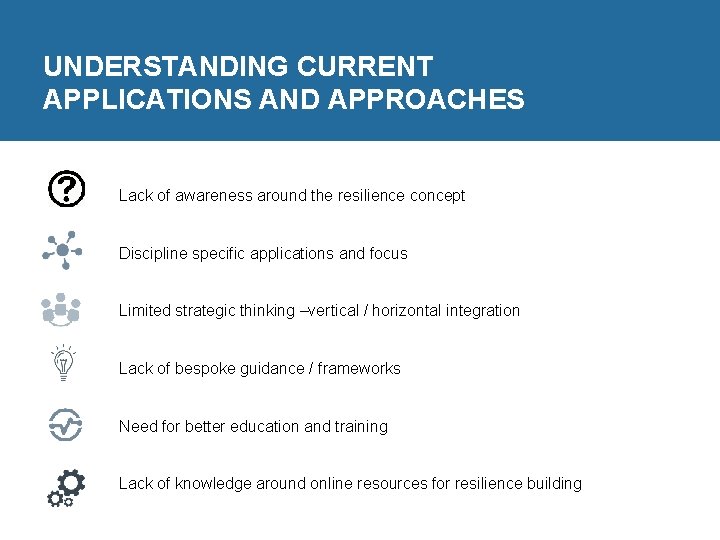UNDERSTANDING CURRENT APPLICATIONS AND APPROACHES Lack of awareness around the resilience concept Discipline specific