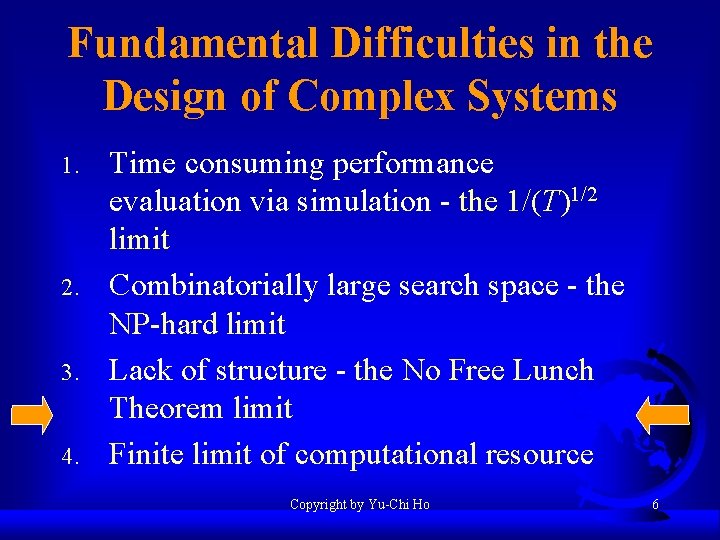 Fundamental Difficulties in the Design of Complex Systems 1. 2. 3. 4. Time consuming