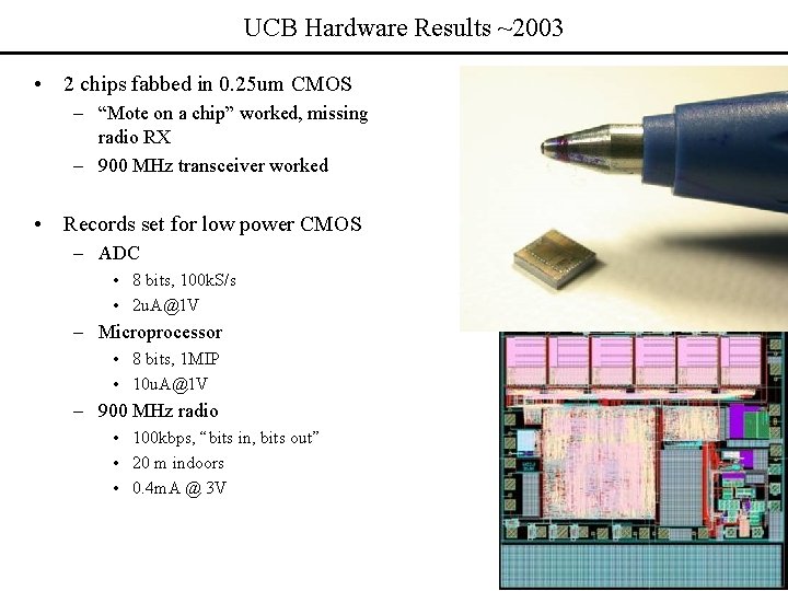 UCB Hardware Results ~2003 • 2 chips fabbed in 0. 25 um CMOS –