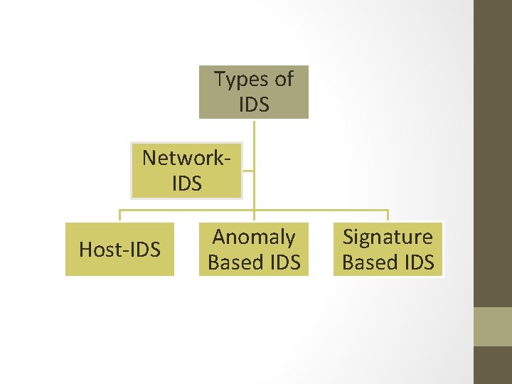 Types of IDS Network. IDS Host-IDS Anomaly Based IDS Signature Based IDS 