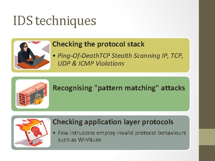 IDS techniques Checking the protocol stack • Ping-Of-Death. TCP Stealth Scanning IP, TCP, UDP