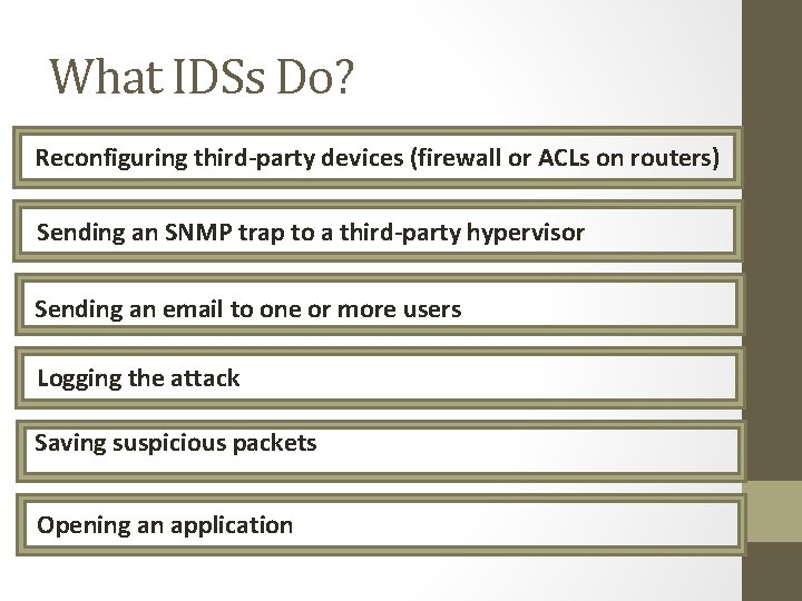 What IDSs Do? Reconfiguring third-party devices (firewall or ACLs on routers) Sending an SNMP