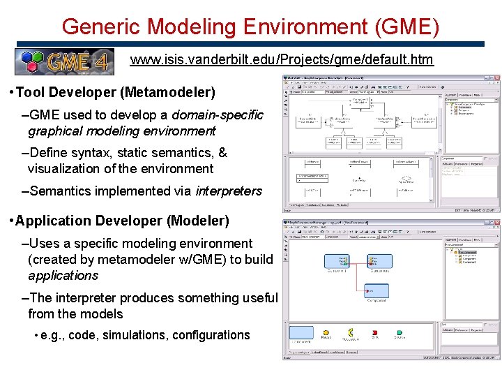 Generic Modeling Environment (GME) www. isis. vanderbilt. edu/Projects/gme/default. htm • Tool Developer (Metamodeler) –GME