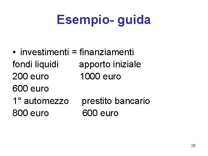 Esempio- guida • investimenti = finanziamenti fondi liquidi apporto iniziale 200 euro 1000 euro