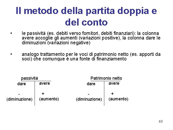 Il metodo della partita doppia e del conto • le passività (es. debiti verso