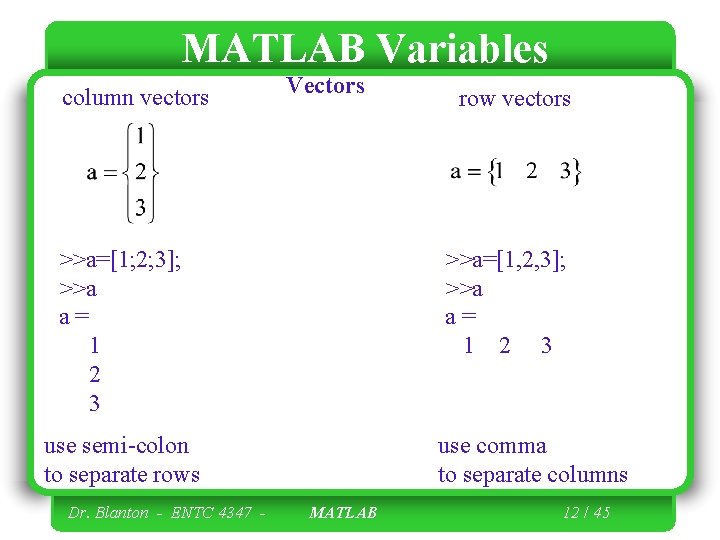 MATLAB Variables column vectors Vectors >>a=[1; 2; 3]; >>a a= 1 2 3 >>a=[1,