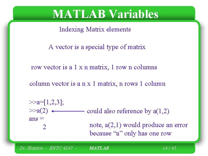 MATLAB Variables Indexing Matrix elements A vector is a special type of matrix row
