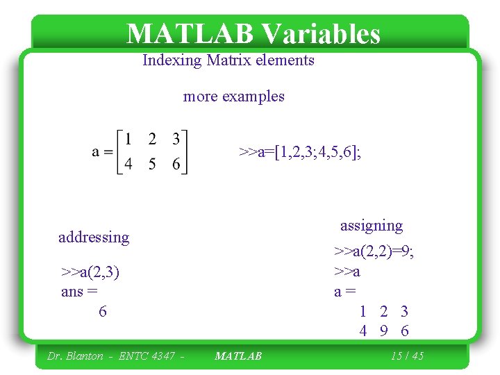 MATLAB Variables Indexing Matrix elements more examples >>a=[1, 2, 3; 4, 5, 6]; assigning