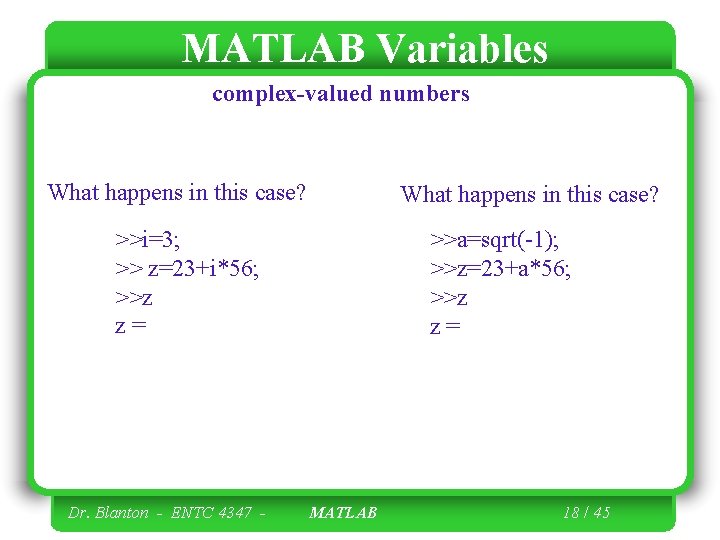 MATLAB Variables complex-valued numbers What happens in this case? >>i=3; >> z=23+i*56; >>z z=