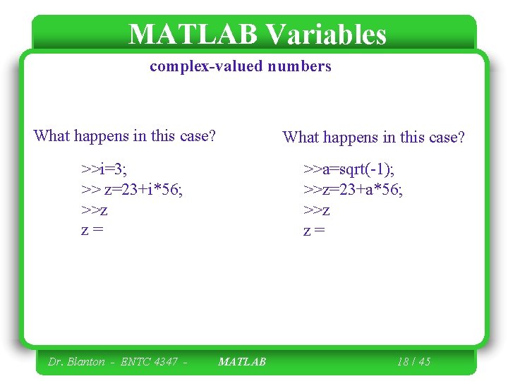 MATLAB Variables complex-valued numbers What happens in this case? >>i=3; >> z=23+i*56; >>z z= MATLAB Variables complex-valued numbers What happens in this case? >>i=3; >> z=23+i*56; >>z z=