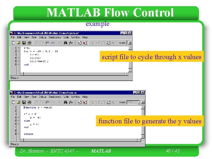 MATLAB Flow Control example script file to cycle through x values function file to