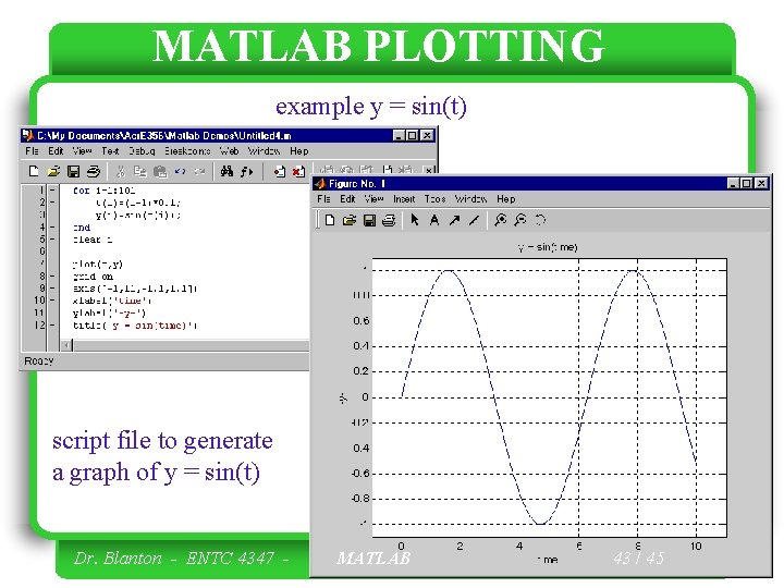 MATLAB PLOTTING example y = sin(t) script file to generate a graph of y