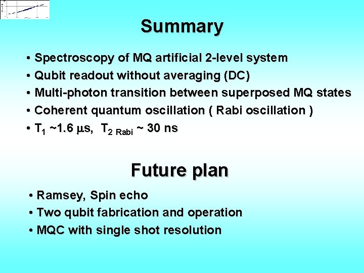 Summary • Spectroscopy of MQ artificial 2 -level system • Qubit readout without averaging
