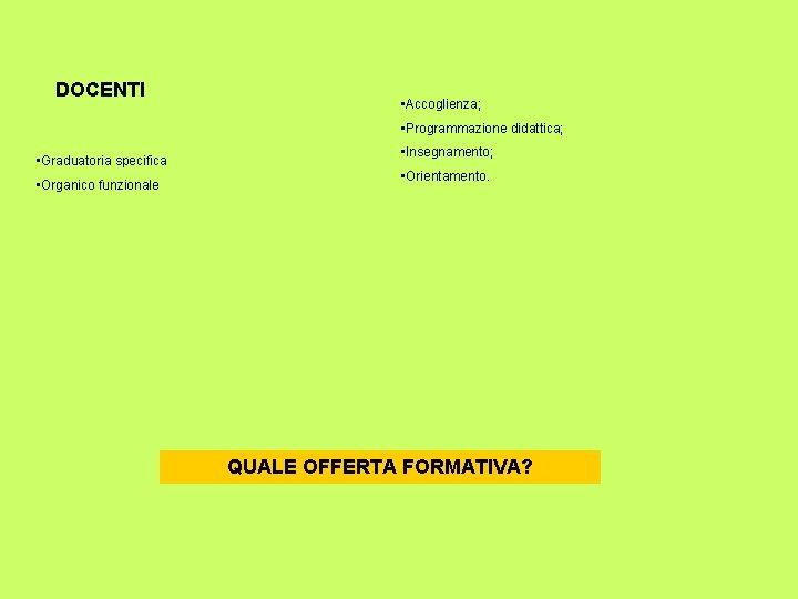DOCENTI • Accoglienza; • Programmazione didattica; • Graduatoria specifica • Organico funzionale • Insegnamento;