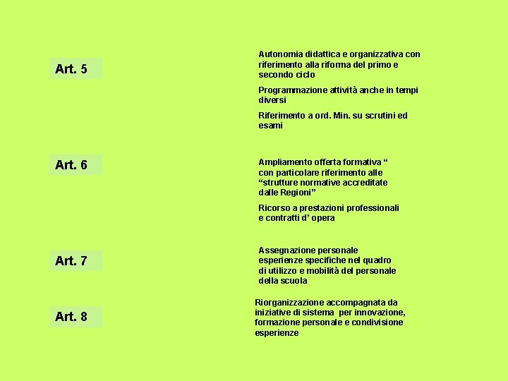 Art. 5 Autonomia didattica e organizzativa con riferimento alla riforma del primo e secondo