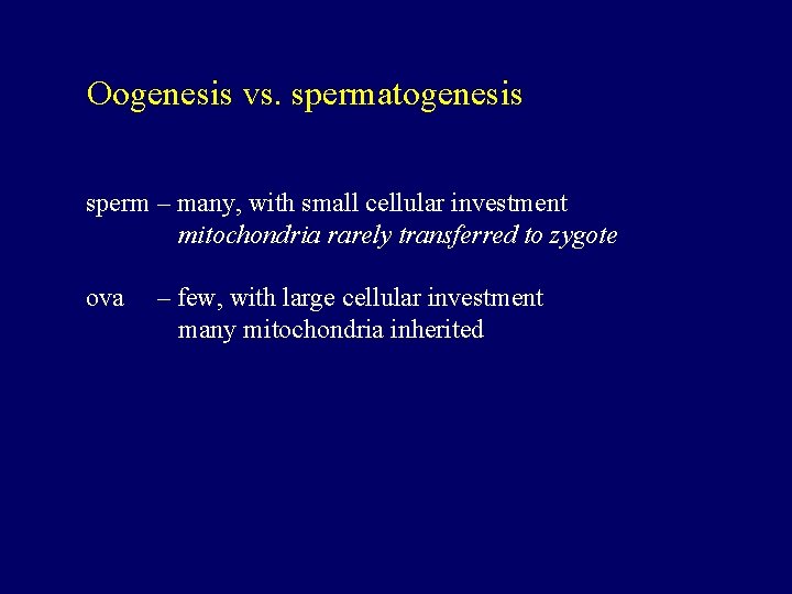 Oogenesis vs. spermatogenesis sperm – many, with small cellular investment mitochondria rarely transferred to