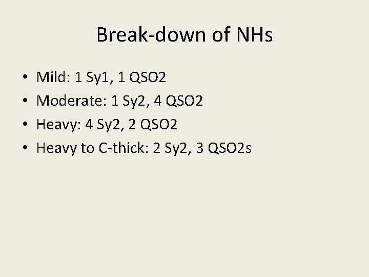 Break-down of NHs • • Mild: 1 Sy 1, 1 QSO 2 Moderate: 1