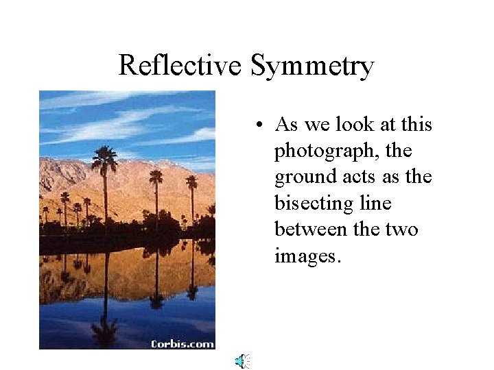 Reflective Symmetry • As we look at this photograph, the ground acts as the