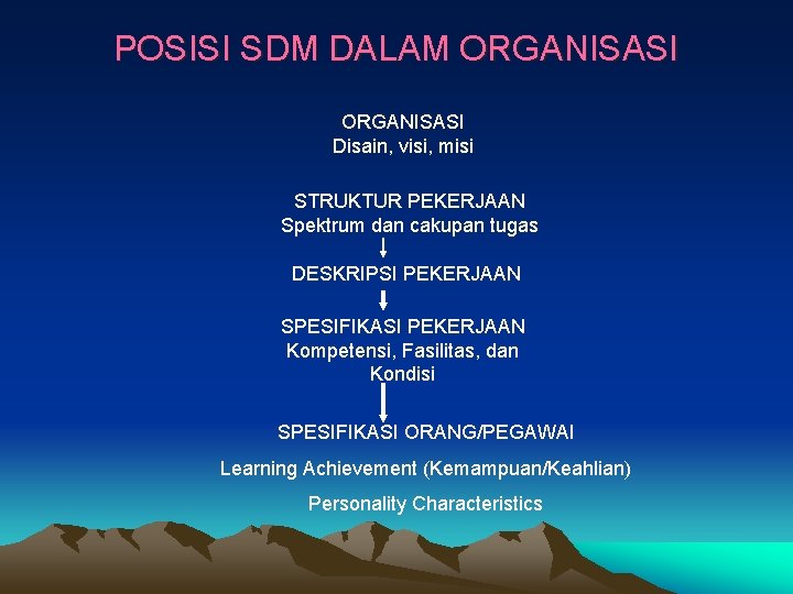 POSISI SDM DALAM ORGANISASI Disain, visi, misi STRUKTUR PEKERJAAN Spektrum dan cakupan tugas DESKRIPSI