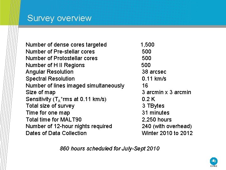 Survey overview Number of dense cores targeted Number of Pre-stellar cores Number of Protostellar
