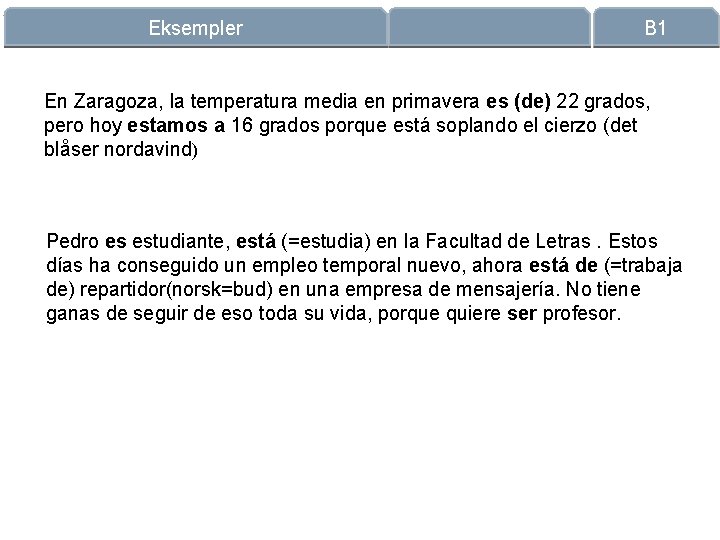 Eksempler B 1 En Zaragoza, la temperatura media en primavera es (de) 22 grados,