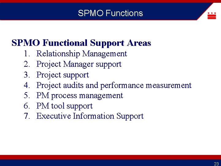 SPMO Functions SPMO Functional Support Areas 1. 2. 3. 4. 5. 6. 7. Relationship