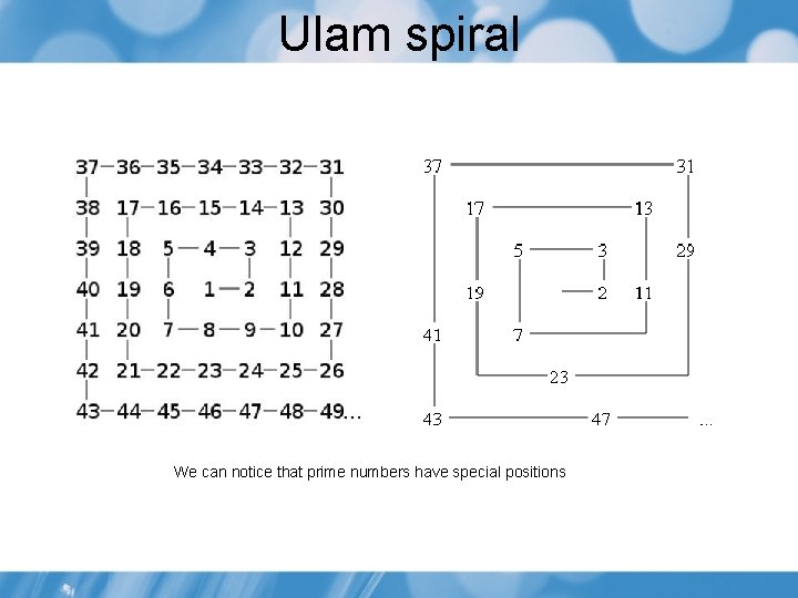 Ulam spiral We can notice that prime numbers have special positions Ulam spiral We can notice that prime numbers have special positions