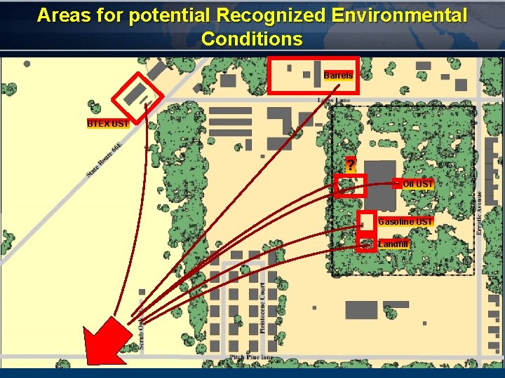 Areas for potential Recognized Environmental Conditions Barrels BTEX UST ? Oil UST Gasoline UST