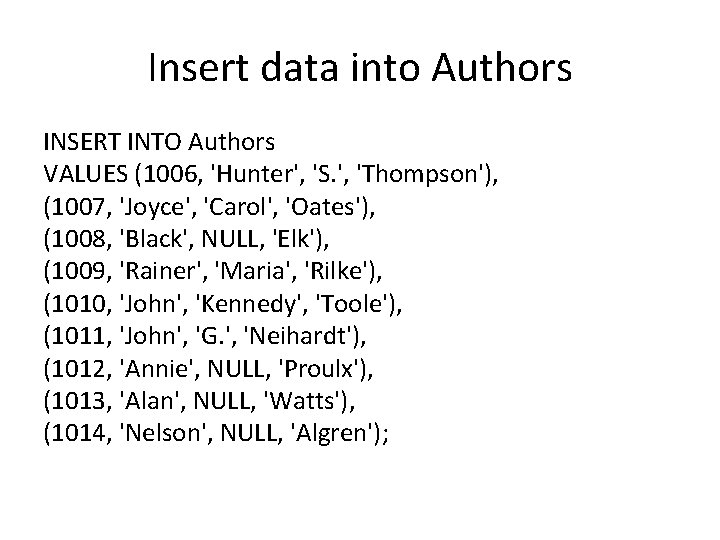 Insert data into Authors INSERT INTO Authors VALUES (1006, 'Hunter', 'S. ', 'Thompson'), (1007, Insert data into Authors INSERT INTO Authors VALUES (1006, 'Hunter', 'S. ', 'Thompson'), (1007,