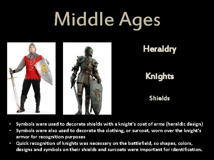 Middle Ages Heraldry Knights Shields • Symbols were used to decorate shields with a