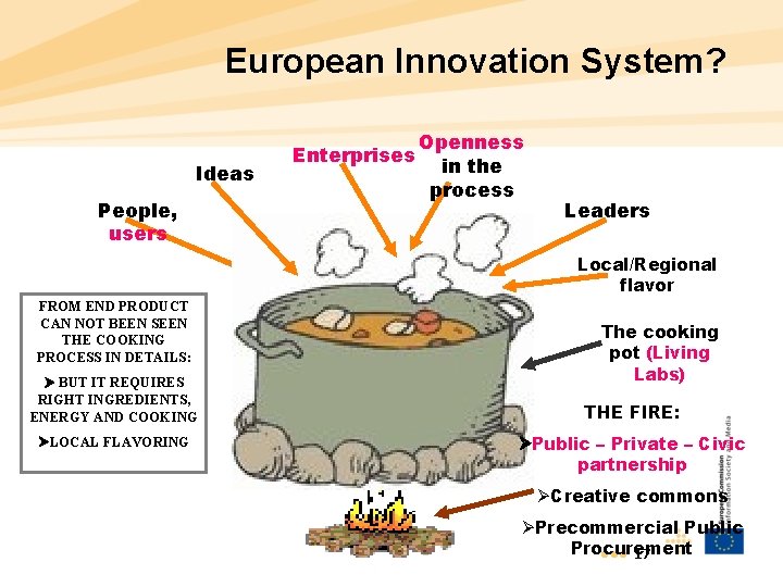 European Innovation System? Ideas People, users Enterprises Openness in the process Leaders Local/Regional flavor