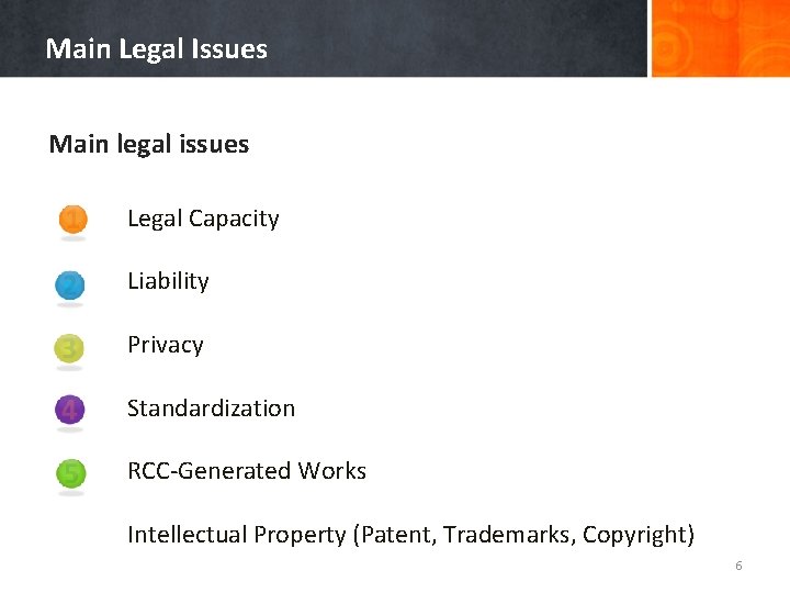 Main Legal Issues Main legal issues Legal Capacity Liability Privacy Standardization RCC-Generated Works Intellectual