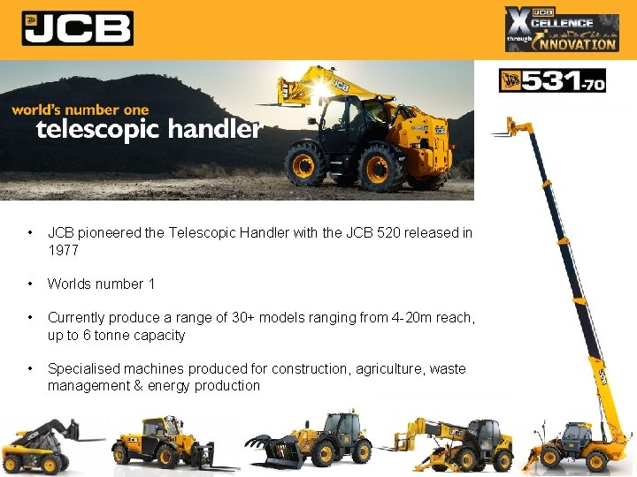  • JCB pioneered the Telescopic Handler with the JCB 520 released in 1977