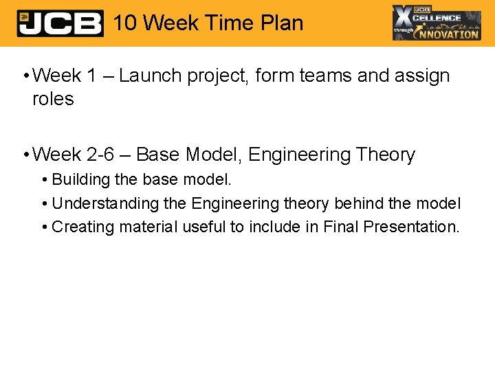 10 Week Time Plan • Week 1 – Launch project, form teams and assign