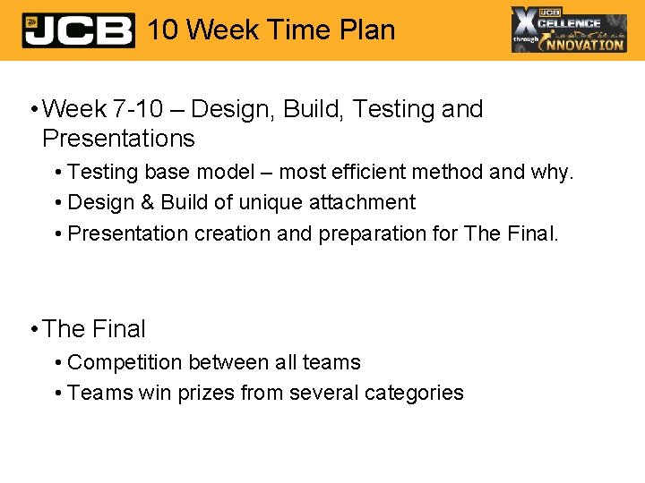 10 Week Time Plan • Week 7 -10 – Design, Build, Testing and Presentations