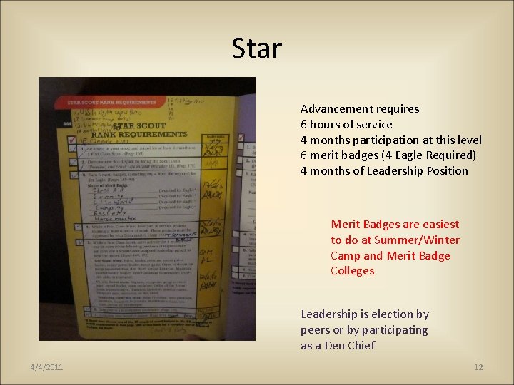 Star Advancement requires 6 hours of service 4 months participation at this level 6