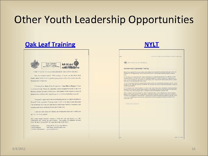 Other Youth Leadership Opportunities Oak Leaf Training 4/4/2011 NYLT 16 