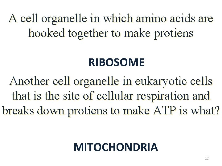 A cell organelle in which amino acids are hooked together to make protiens RIBOSOME