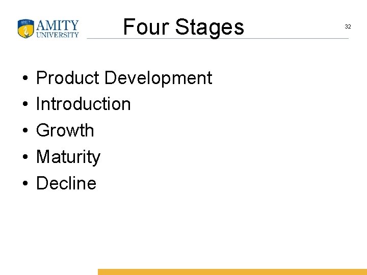 Four Stages • • • Product Development Introduction Growth Maturity Decline 32 