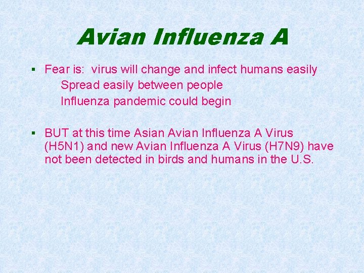 Avian Influenza A § Fear is: virus will change and infect humans easily Spread