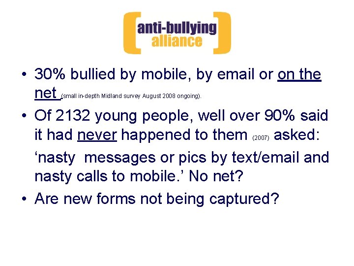  • 30% bullied by mobile, by email or on the net • Of