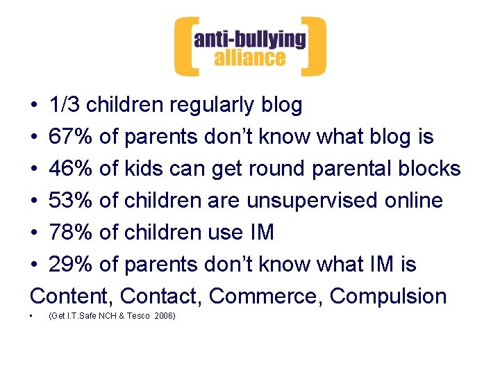  • 1/3 children regularly blog • 67% of parents don’t know what blog