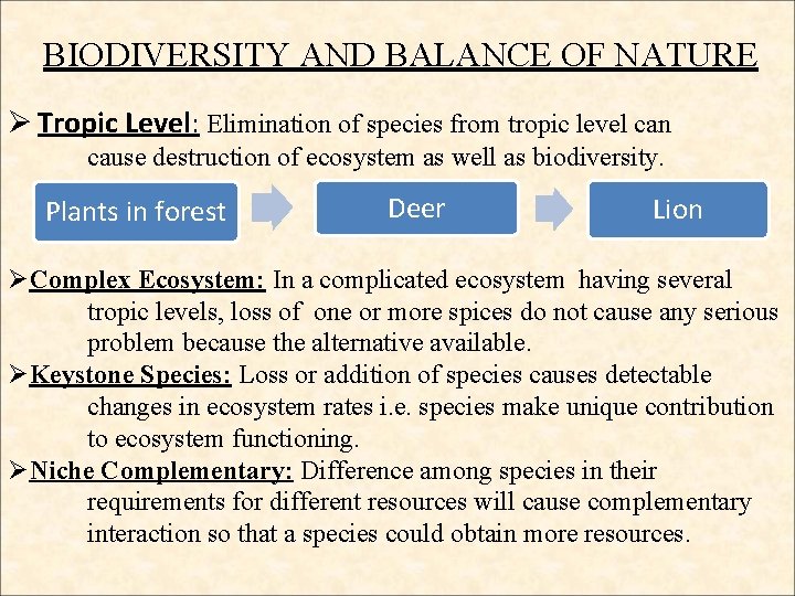 BIODIVERSITY AND BALANCE OF NATURE Ø Tropic Level: Elimination of species from tropic level BIODIVERSITY AND BALANCE OF NATURE Ø Tropic Level: Elimination of species from tropic level