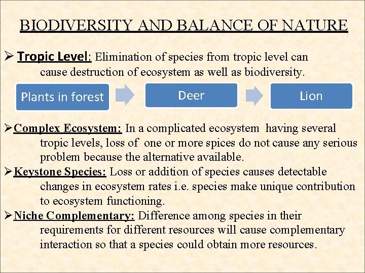 BIODIVERSITY AND BALANCE OF NATURE Ø Tropic Level: Elimination of species from tropic level