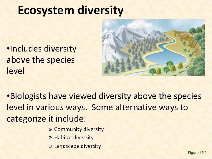 Ecosystem diversity • Includes diversity above the species level • Biologists have viewed diversity